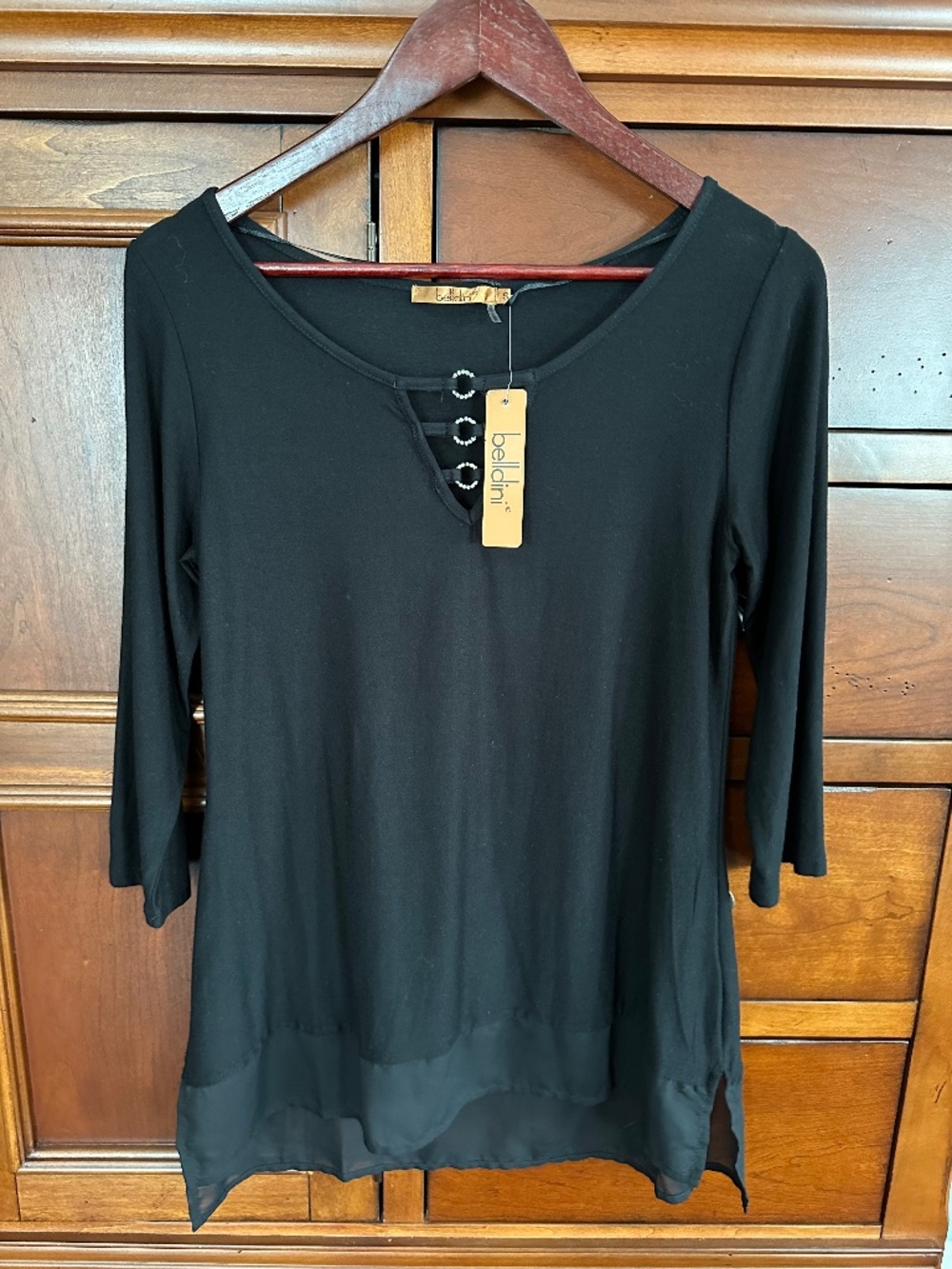 Belldini Black Sheer Bottom Hem Rhinestone Embellished Tunic Size L NWT